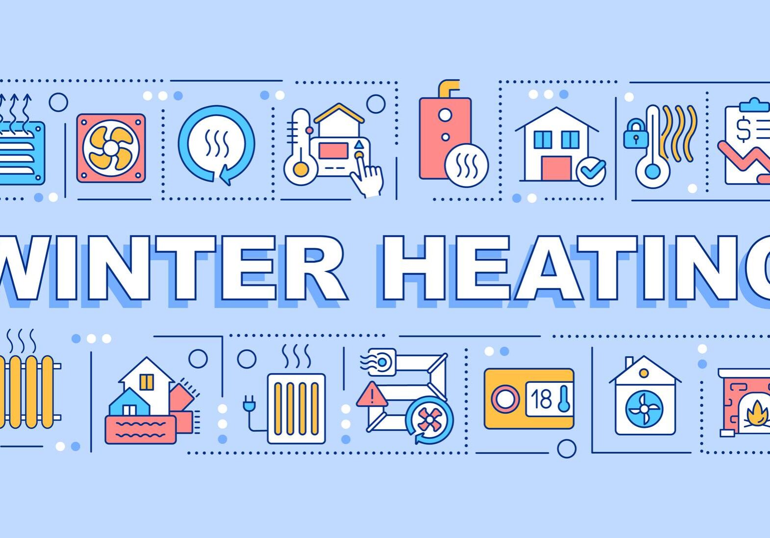 Winter heating concepts blue banner. Prepare home for fall weather. Infographics with editable icons on color background. Isolated typography. Vector illustration with text. Arial-Black font used